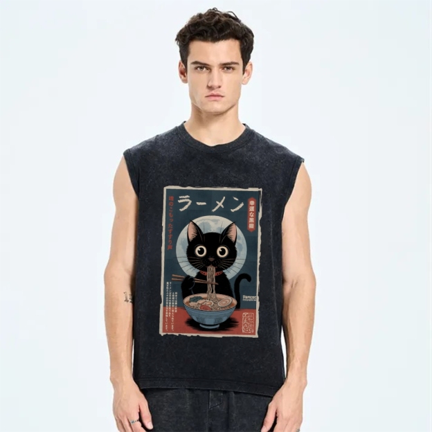 Black Cat Eating Ramen Vintage Distressed Washed Tank Top