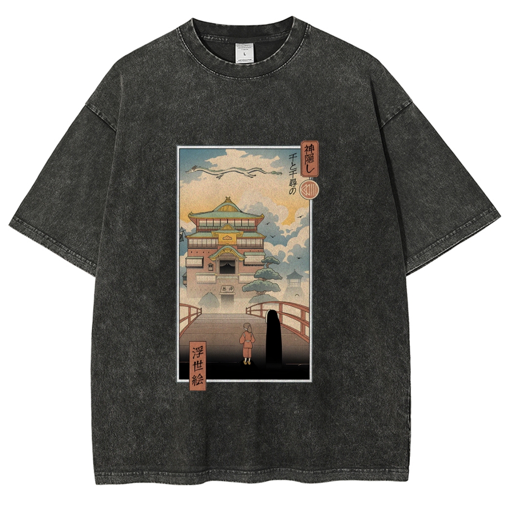 Ghibli Spirited Away Anime Ukiyoe Vintage Wash Japanese Design T-Shirt