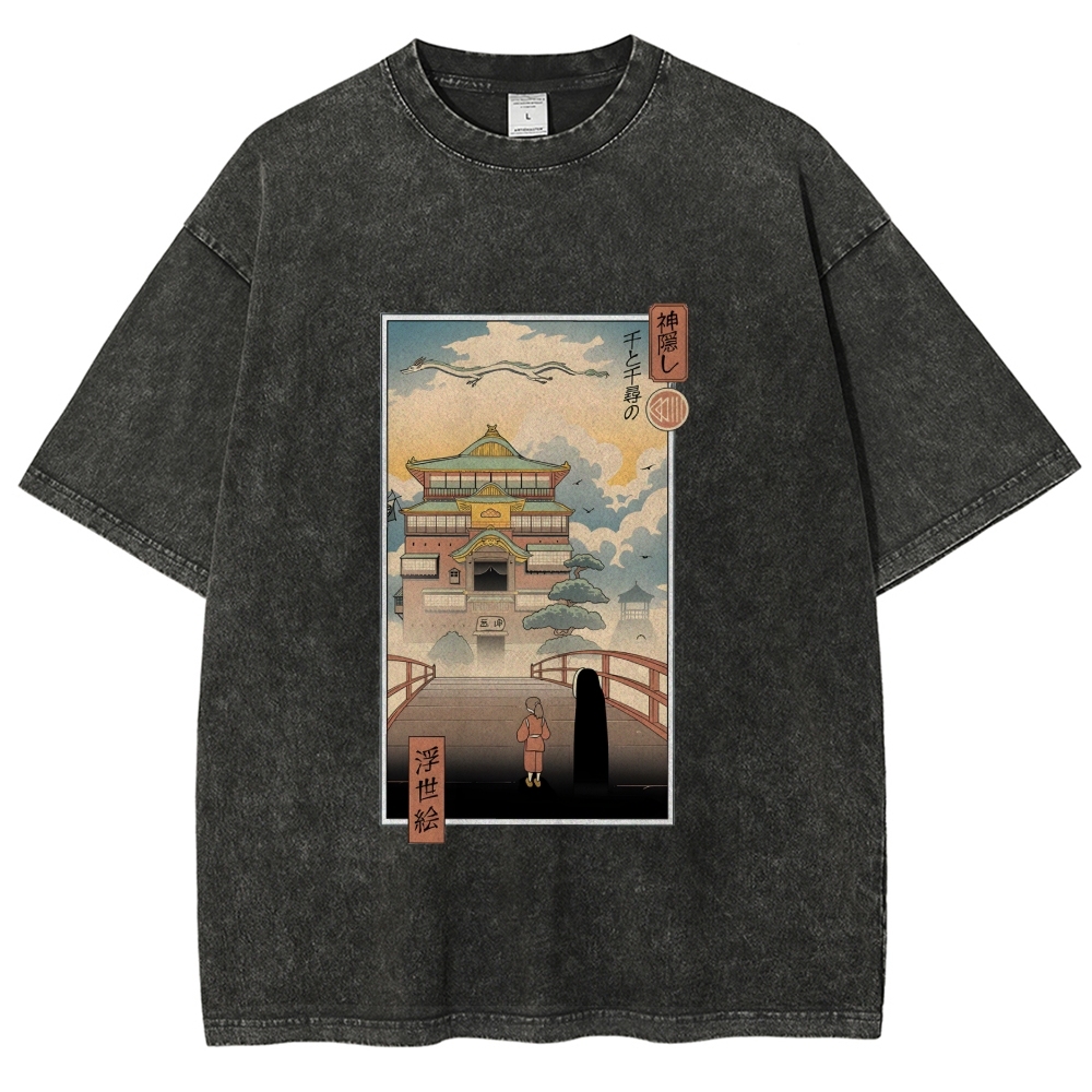 Ghibli Spirited Away Anime Ukiyoe Vintage Wash Japanese Design T-Shirt