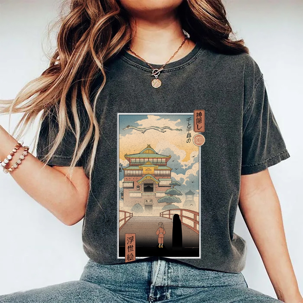 Ghibli Spirited Away Anime Ukiyoe Vintage Wash Japanese Design T-Shirt