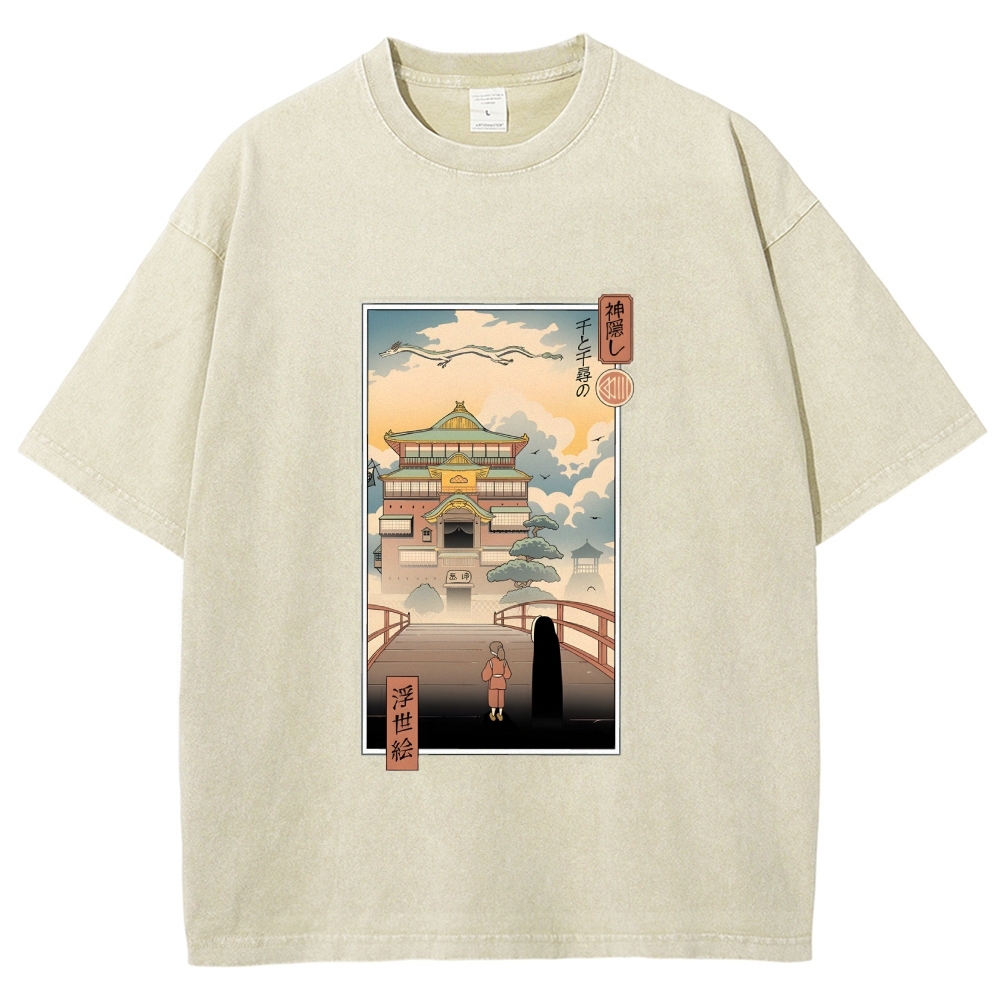 Ghibli Spirited Away Anime Ukiyoe Vintage Wash Japanese Design T-Shirt