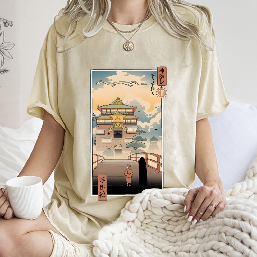 Ghibli Spirited Away Anime Ukiyoe Vintage Wash Japanese Design T-Shirt