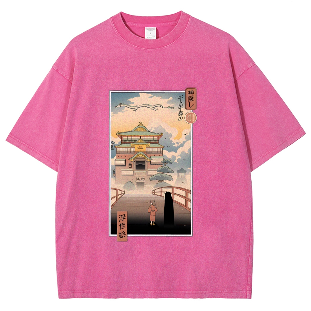 Ghibli Spirited Away Anime Ukiyoe Vintage Wash Japanese Design T-Shirt