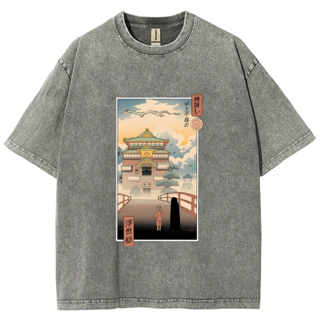 Ghibli Spirited Away Anime Ukiyoe Vintage Wash Japanese Design T-Shirt