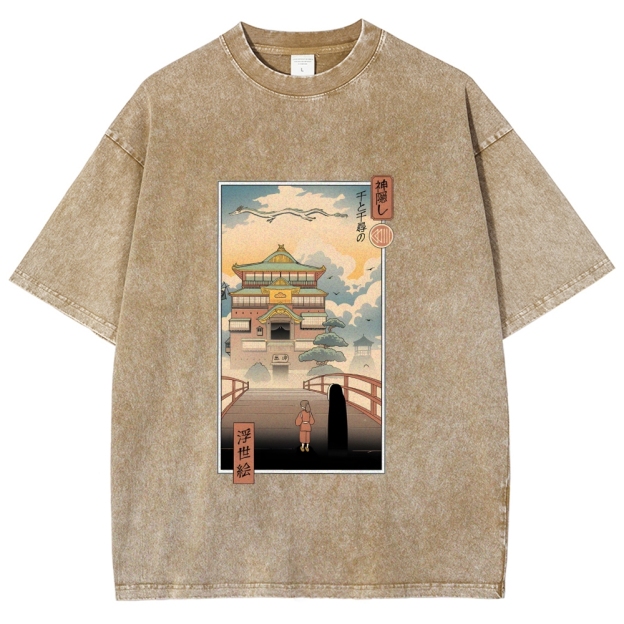 Ghibli Spirited Away Anime Ukiyoe Vintage Wash Japanese Design T-Shirt