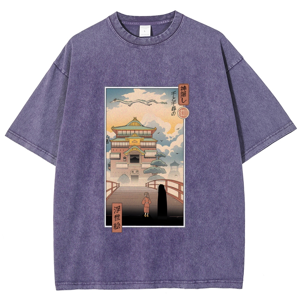Ghibli Spirited Away Anime Ukiyoe Vintage Wash Japanese Design T-Shirt