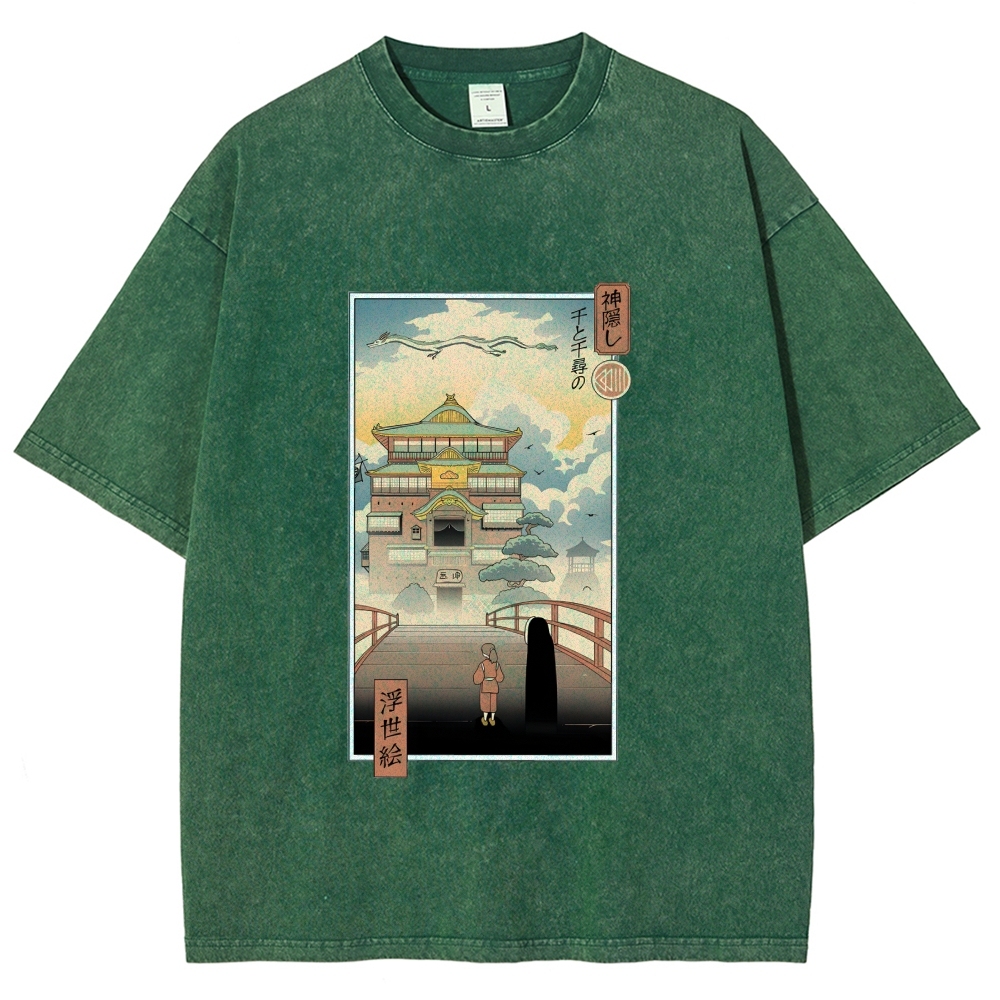 Ghibli Spirited Away Anime Ukiyoe Vintage Wash Japanese Design T-Shirt