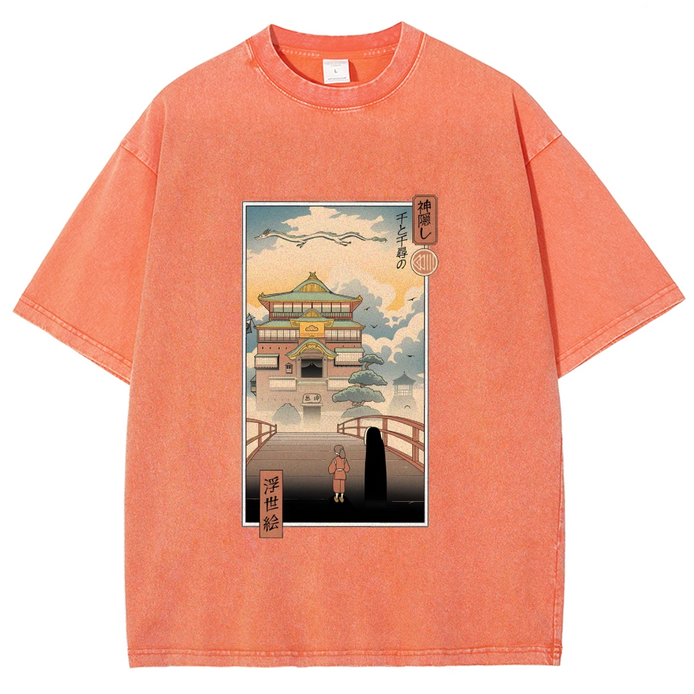 Ghibli Spirited Away Anime Ukiyoe Vintage Wash Japanese Design T-Shirt