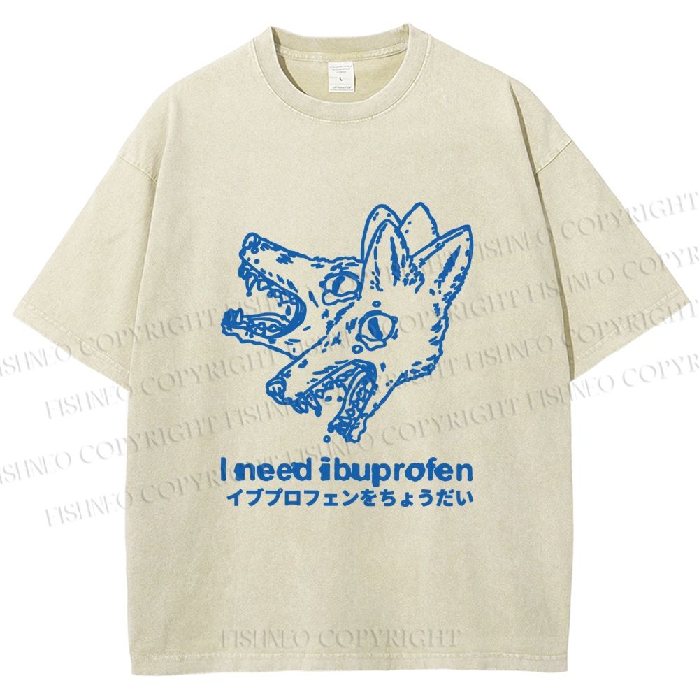 Unisex I need ibuprofen Wolf Vintage Printed Washed Tee
