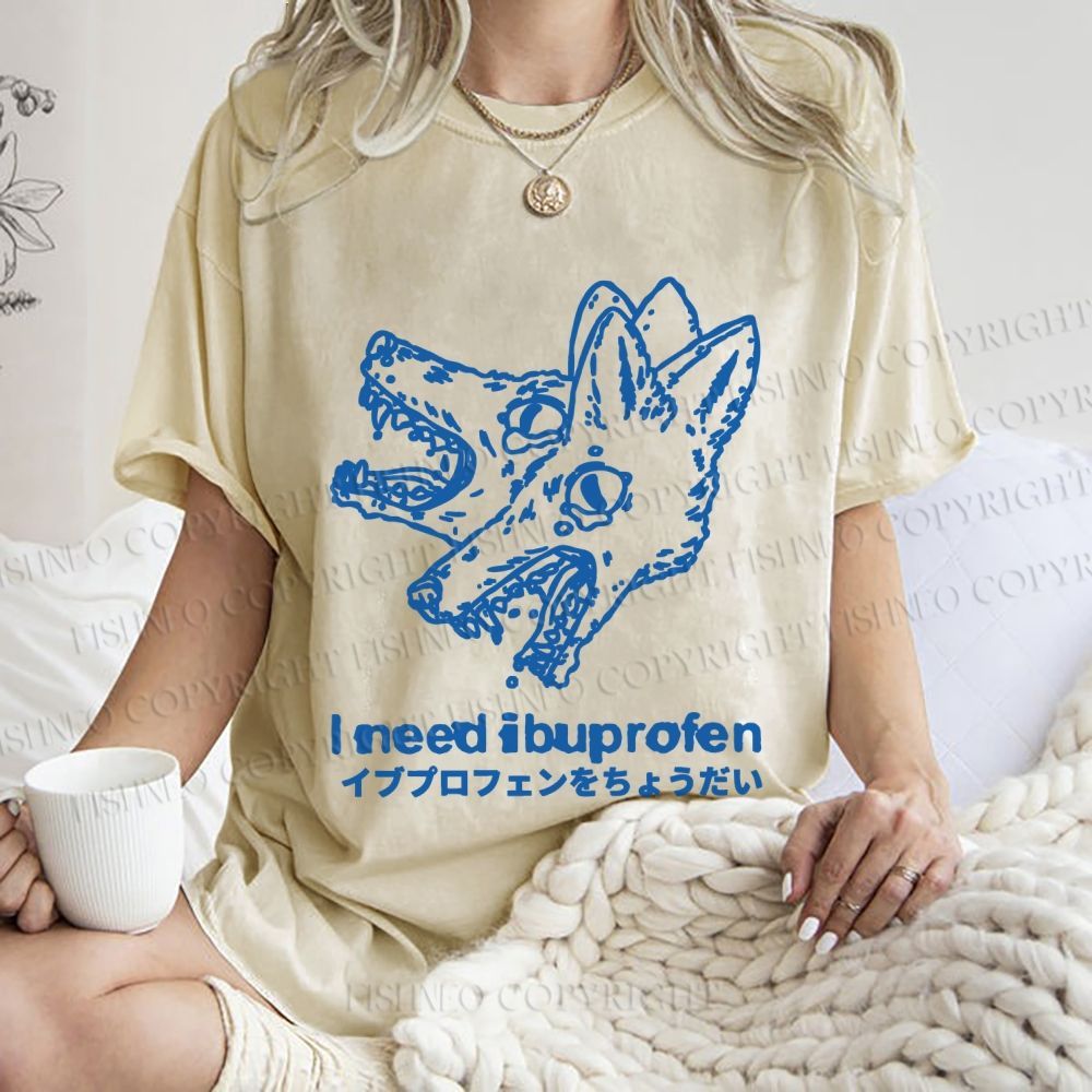 Unisex I need ibuprofen Wolf Vintage Printed Washed Tee