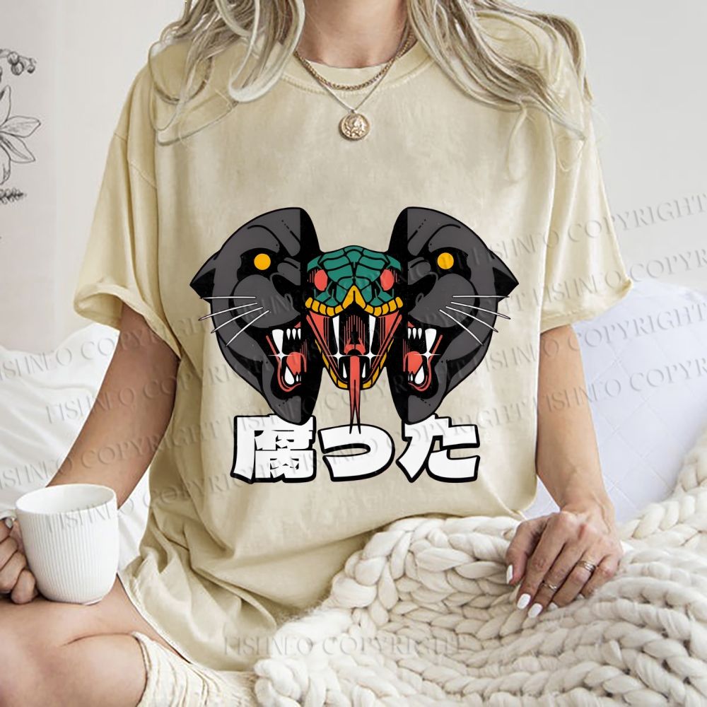 Unisex Vintage Graffiti Leopard Snake Printed Washed Tee