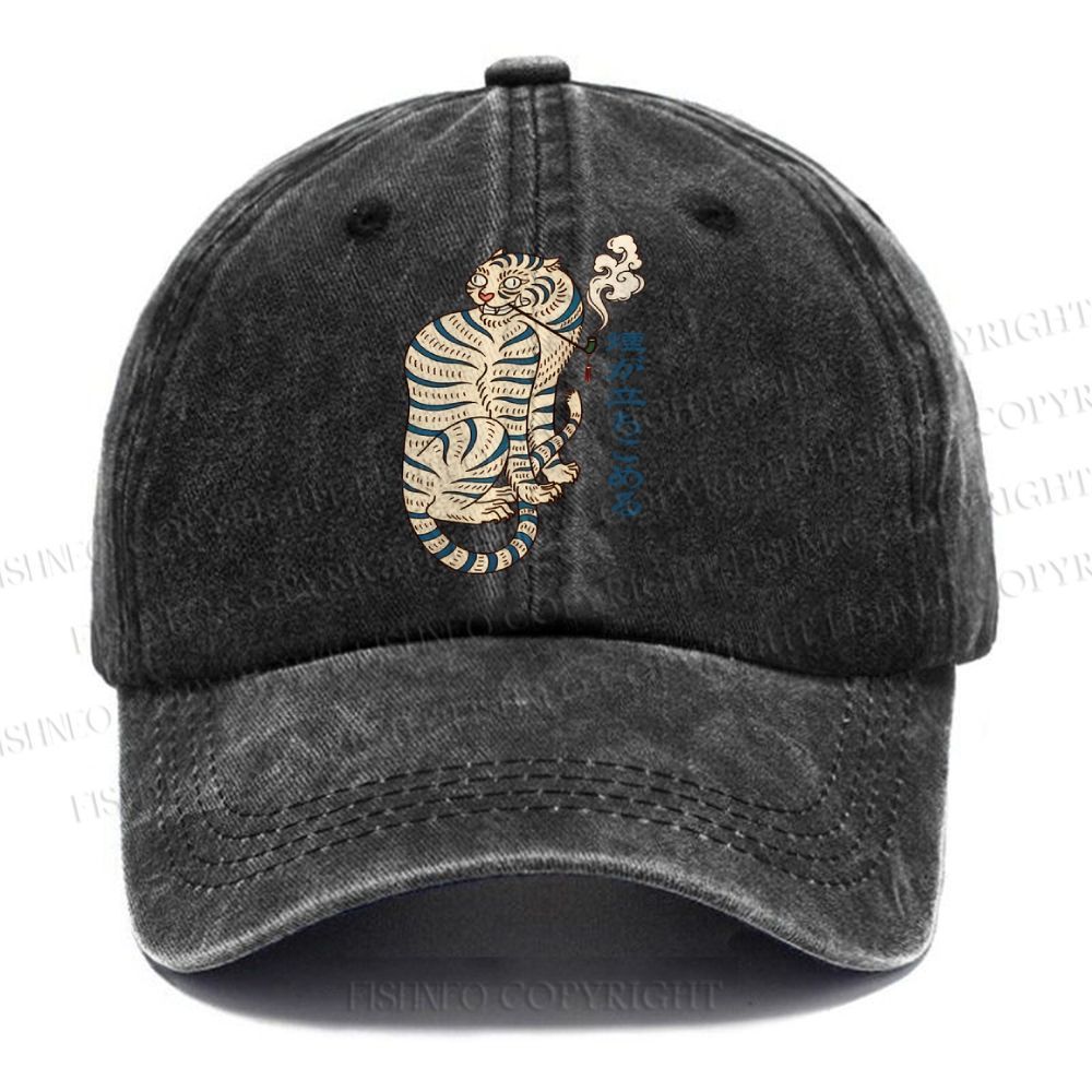 Unisex Japanese Tiger Smoking Vintage Casual Washed Cap