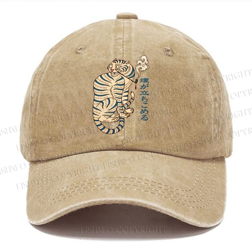 Unisex Japanese Tiger Smoking Vintage Casual Washed Cap