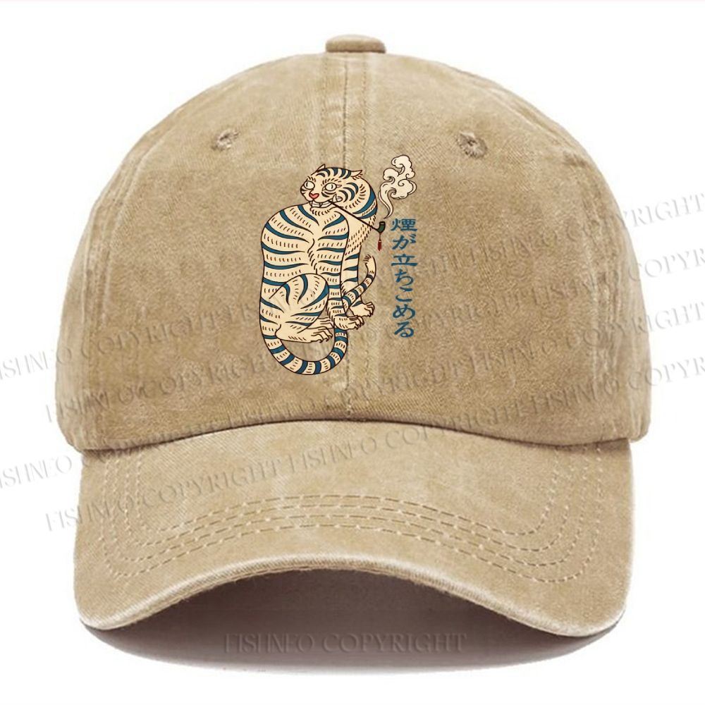 Unisex Japanese Tiger Smoking Vintage Casual Washed Cap
