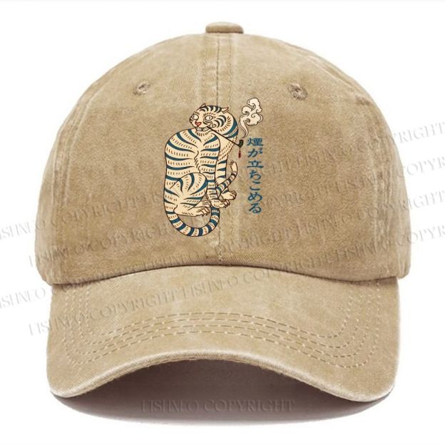 Unisex Japanese Tiger Smoking Vintage Casual Washed Cap
