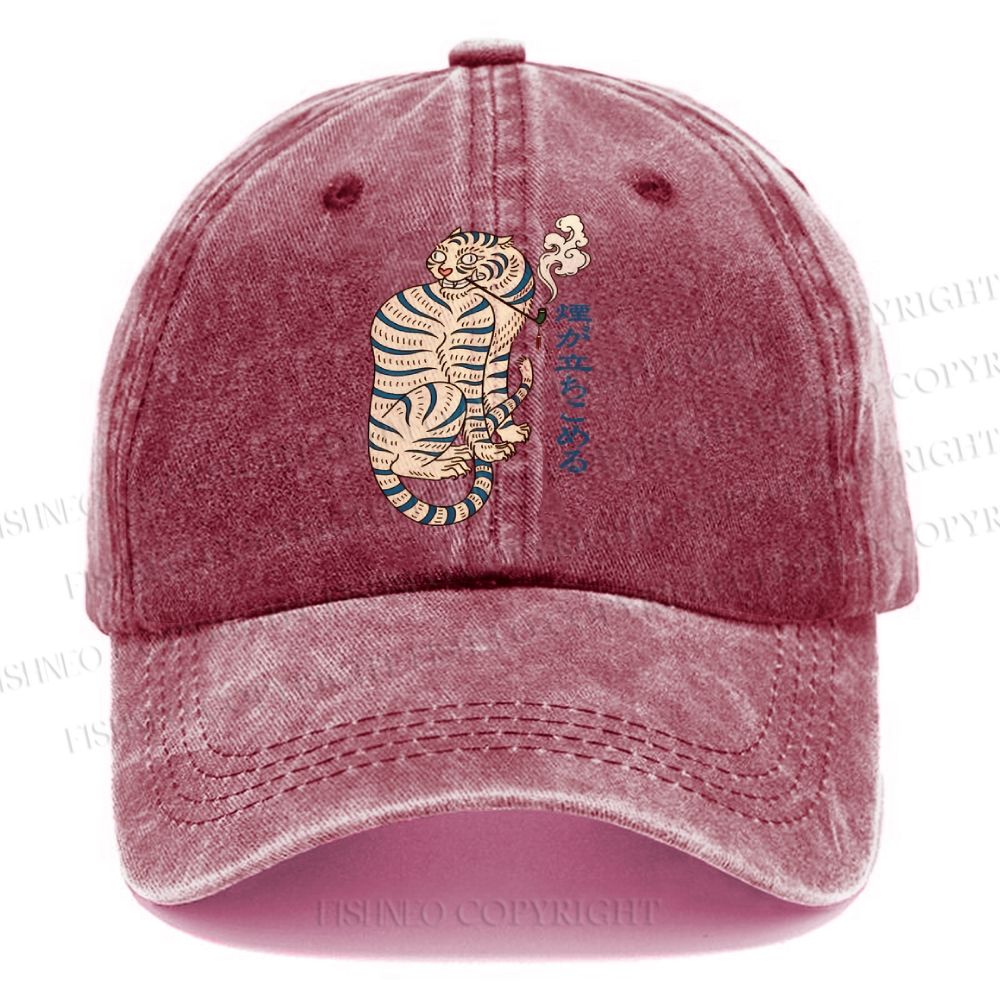 Unisex Japanese Tiger Smoking Vintage Casual Washed Cap