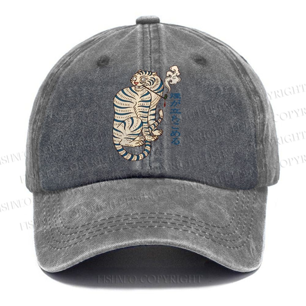 Unisex Japanese Tiger Smoking Vintage Casual Washed Cap