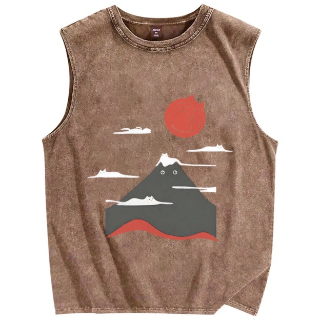 Mount Fujicat Vintage Distressed Washed Tank Top