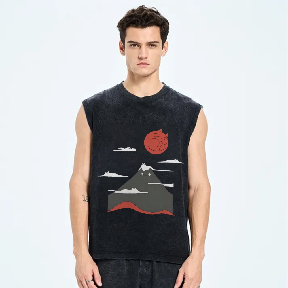 Mount Fujicat Vintage Distressed Washed Tank Top