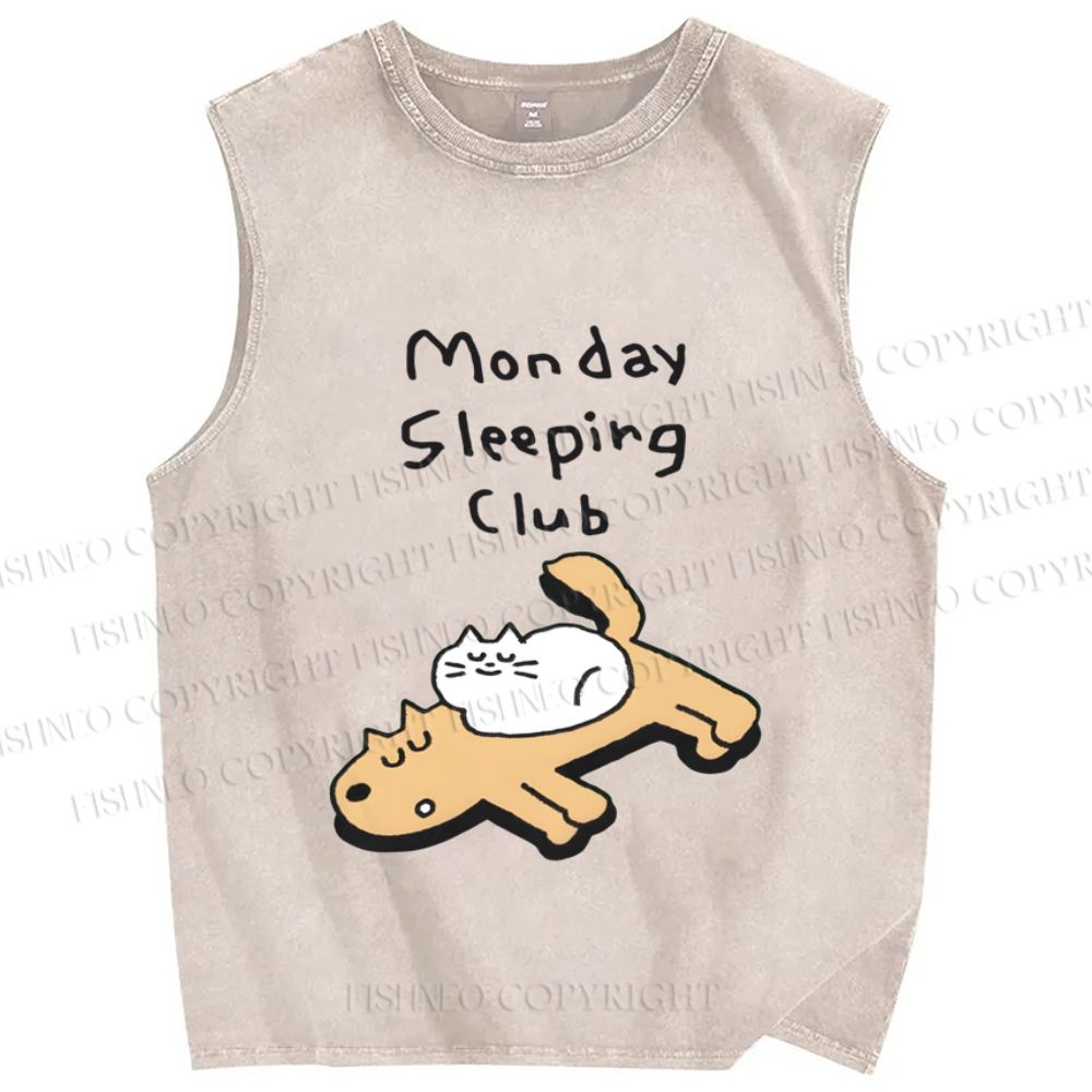 Unisex Cat&Dog Monday Sleeping Club Printed Washed Tank Top