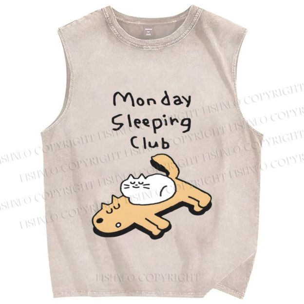Unisex Cat&Dog Monday Sleeping Club Printed Washed Tank Top