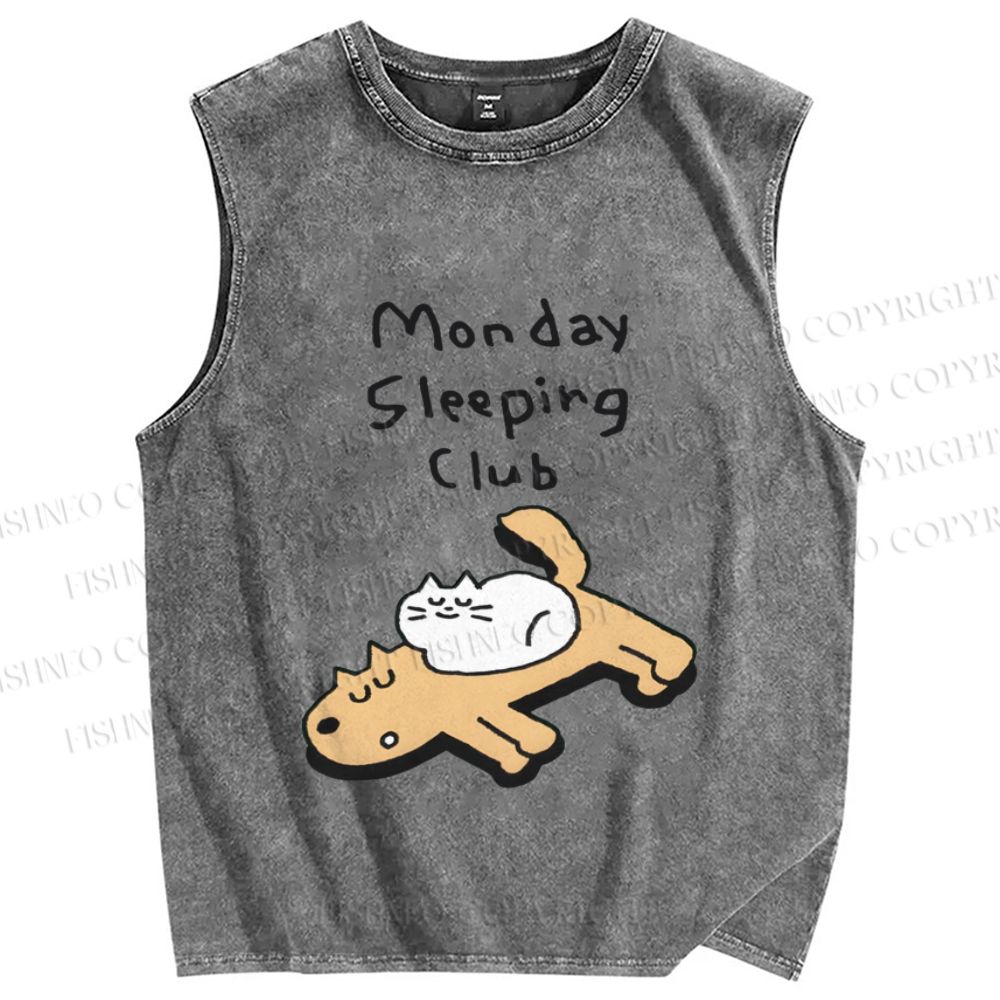 Unisex Cat&Dog Monday Sleeping Club Printed Washed Tank Top