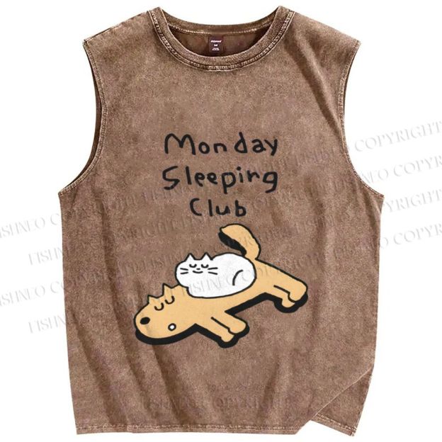 Unisex Cat&Dog Monday Sleeping Club Printed Washed Tank Top