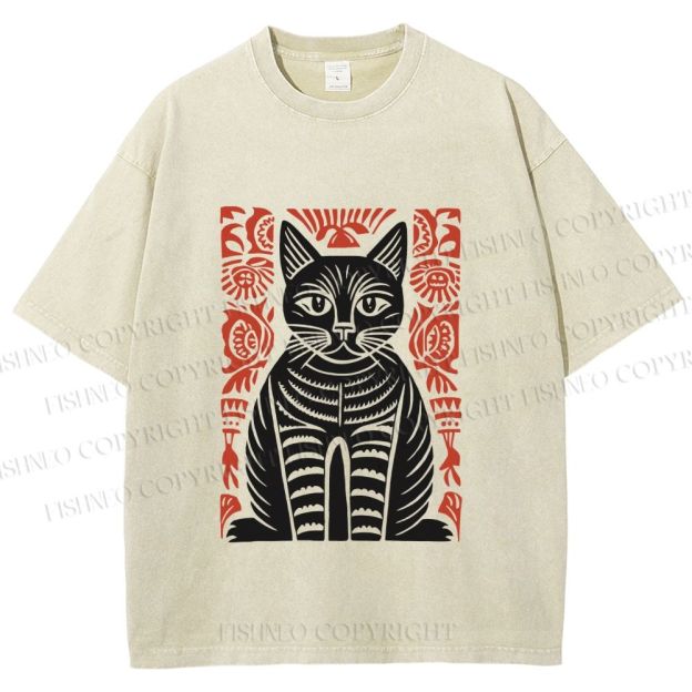 Unisex Vintage Black Cat Totem Printed Washed Tee