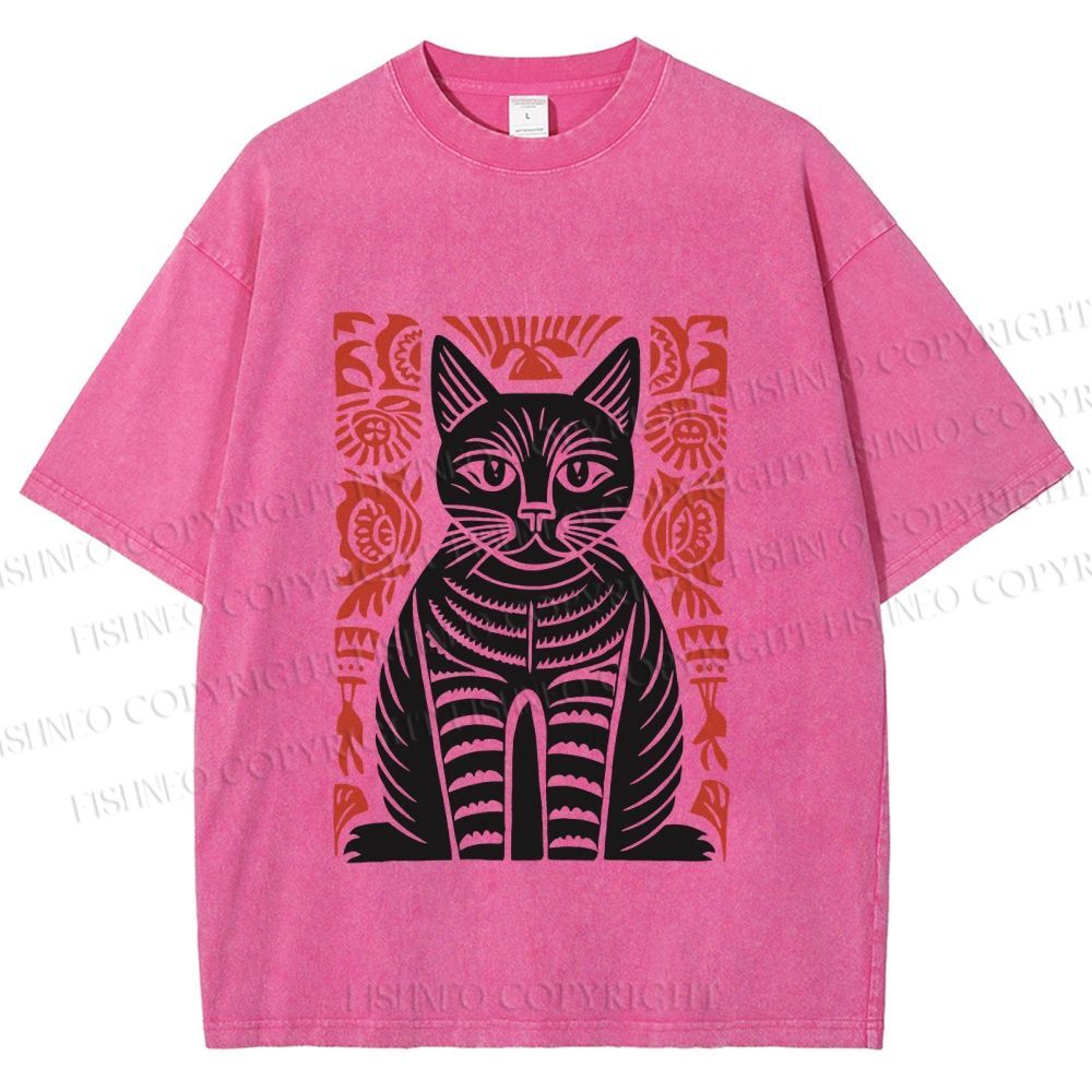 Unisex Vintage Black Cat Totem Printed Washed Tee