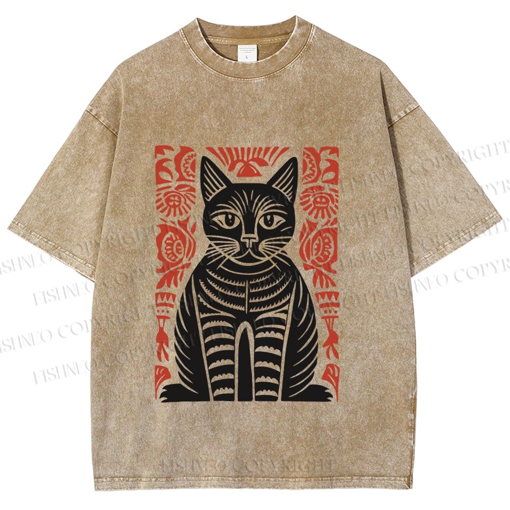 Unisex Vintage Black Cat Totem Printed Washed Tee