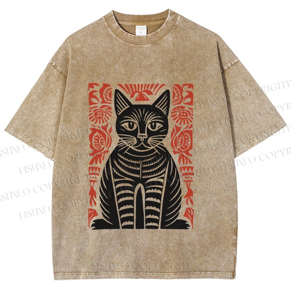 Unisex Vintage Black Cat Totem Printed Washed Tee
