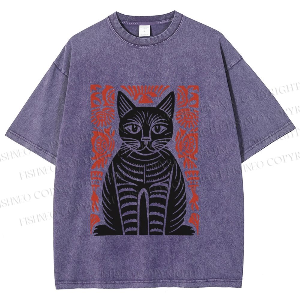 Unisex Vintage Black Cat Totem Printed Washed Tee