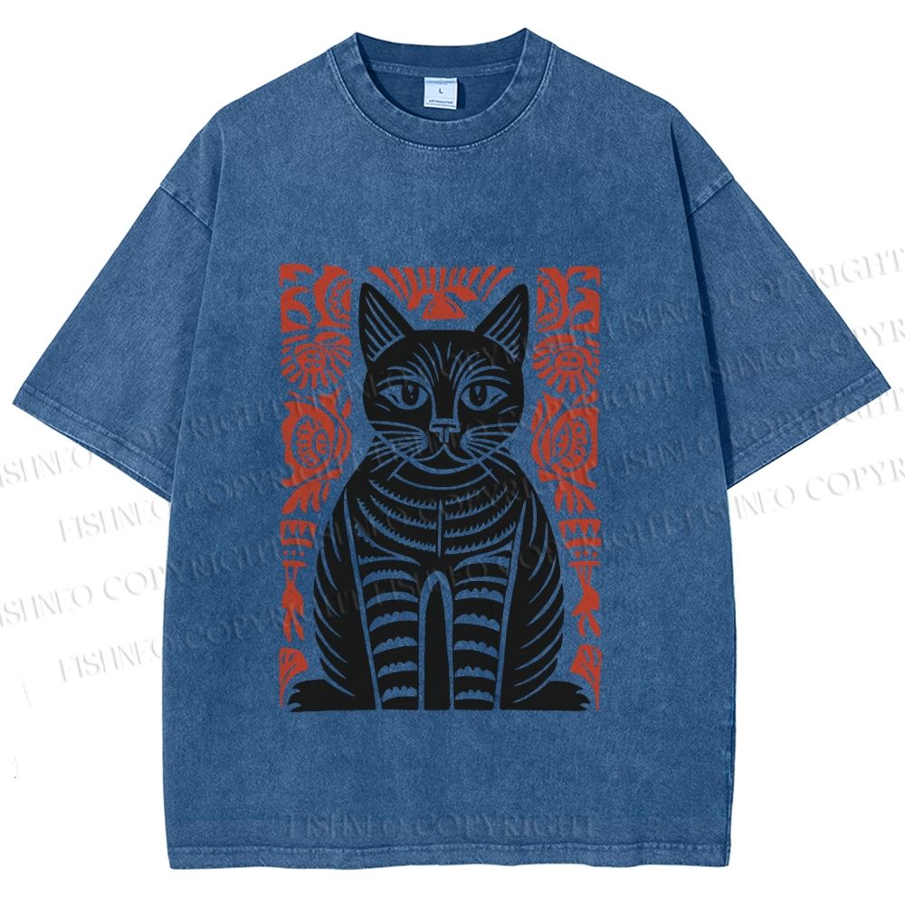 Unisex Vintage Black Cat Totem Printed Washed Tee