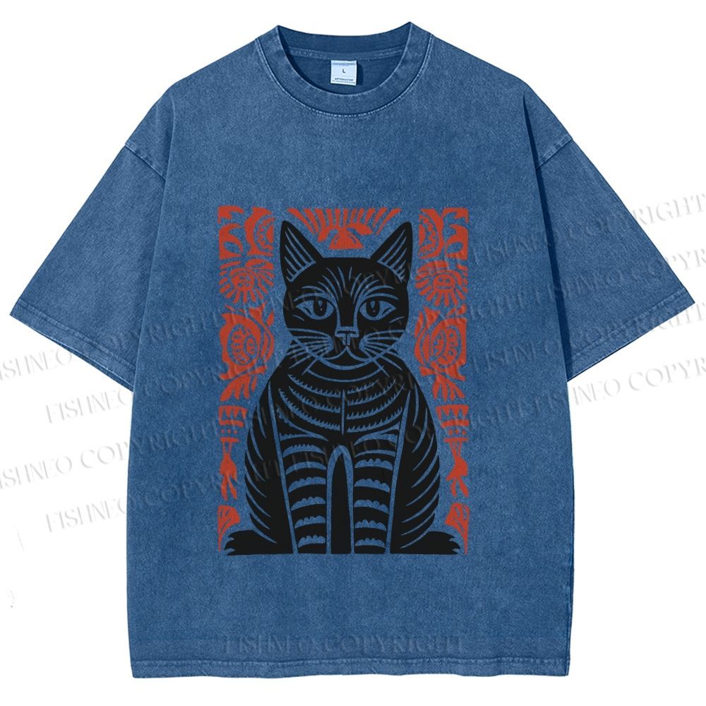 Unisex Vintage Black Cat Totem Printed Washed Tee