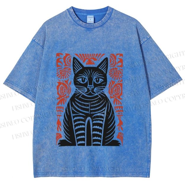 Unisex Vintage Black Cat Totem Printed Washed Tee