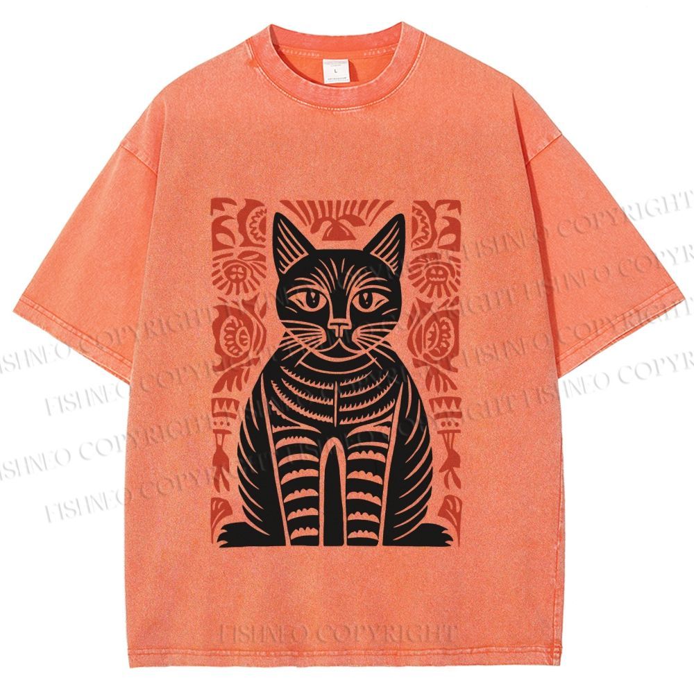 Unisex Vintage Black Cat Totem Printed Washed Tee
