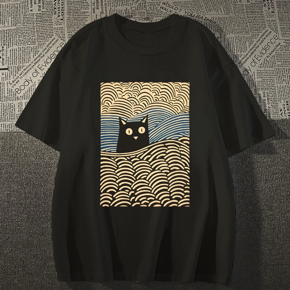 Wave Japanese Cat Art Cotton casual T-shirt