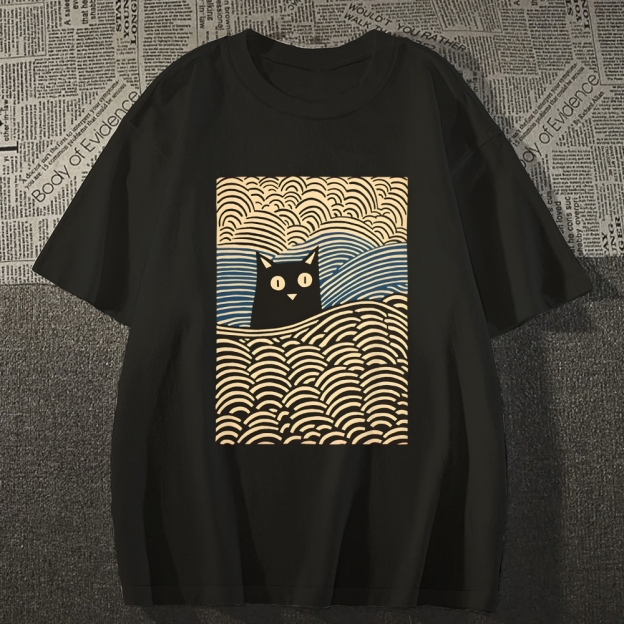Wave Japanese Cat Art Cotton Casual T-shirt