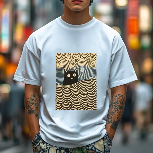 Wave Japanese Cat Art Cotton Casual T-shirt