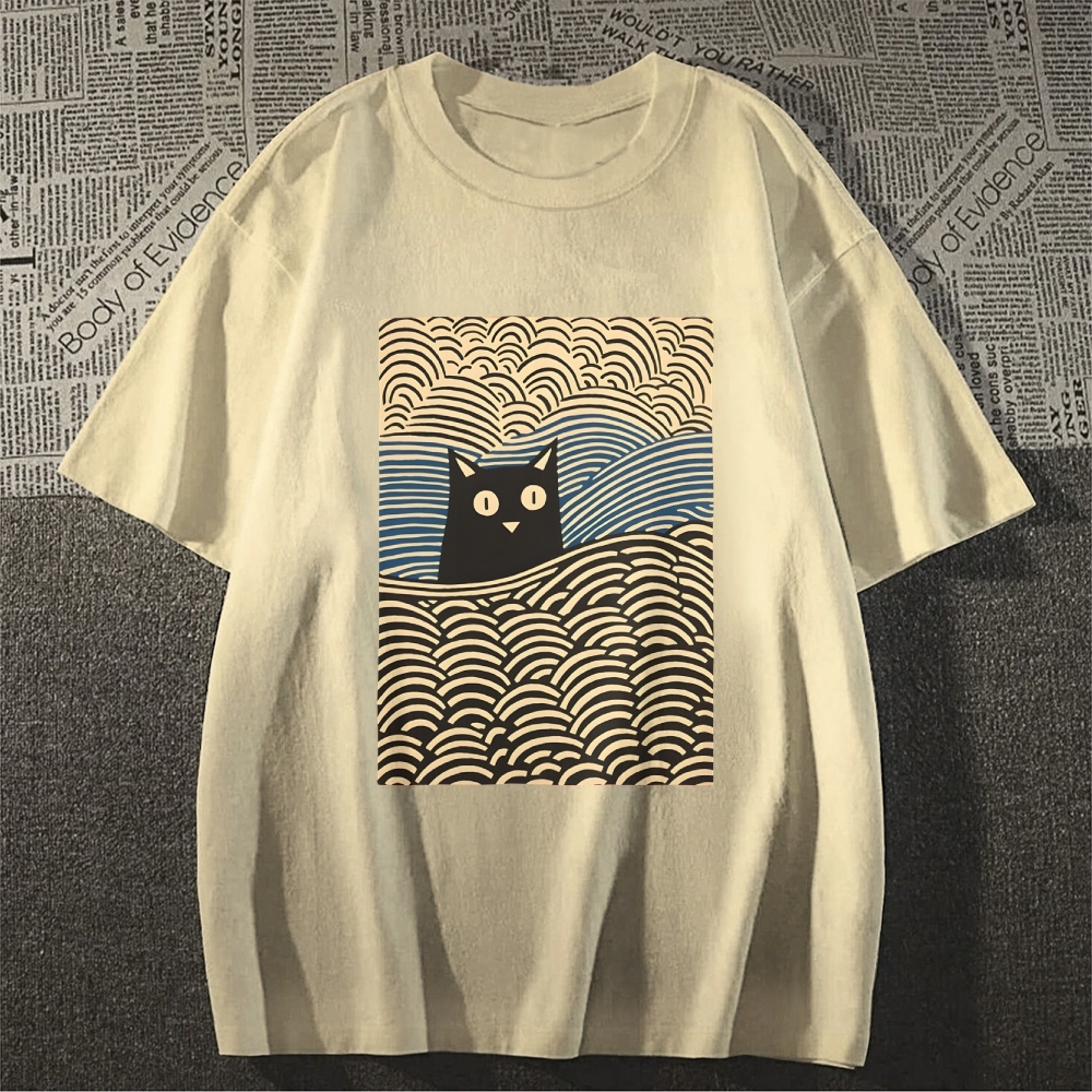 Wave Japanese Cat Art Cotton Casual T-shirt