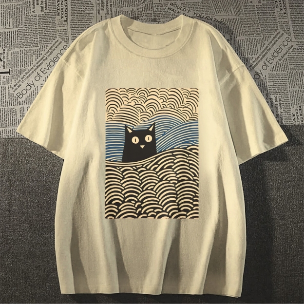 Wave Japanese Cat Art Cotton Casual T-shirt