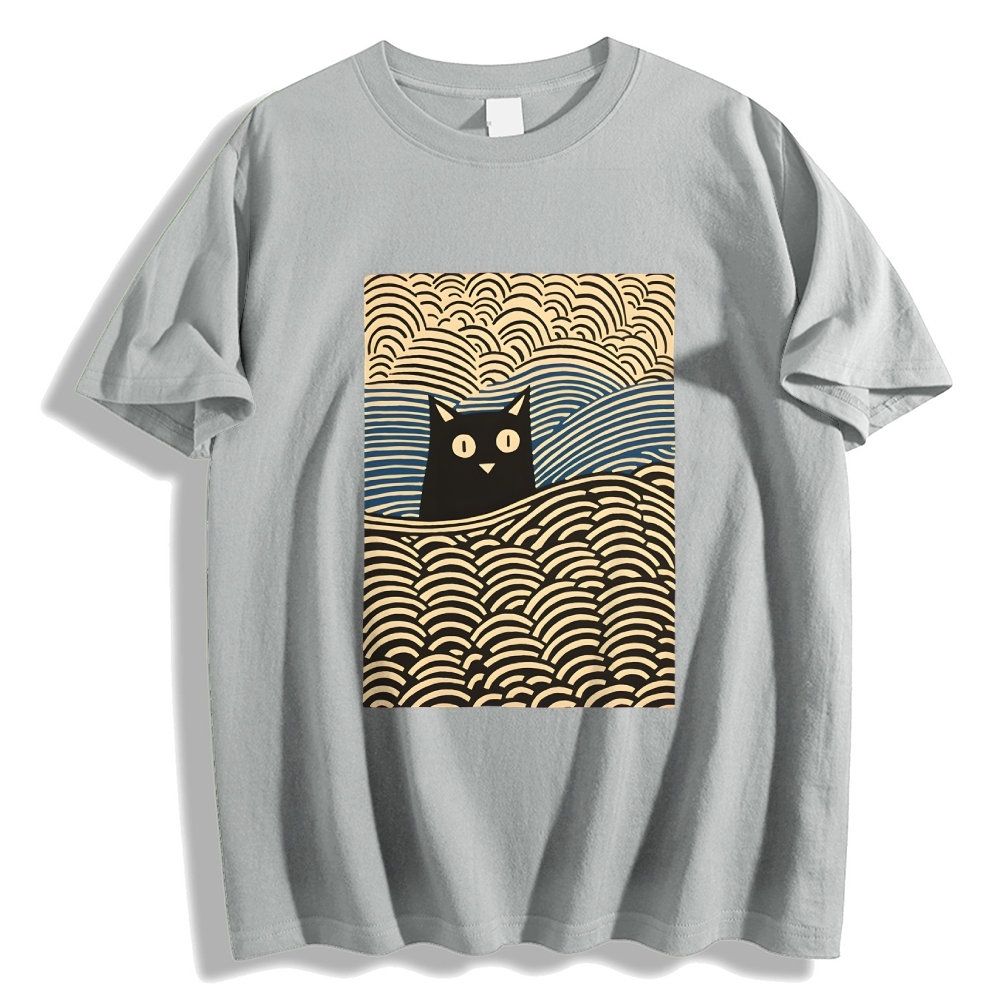 Wave Japanese Cat Art Cotton Casual T-shirt