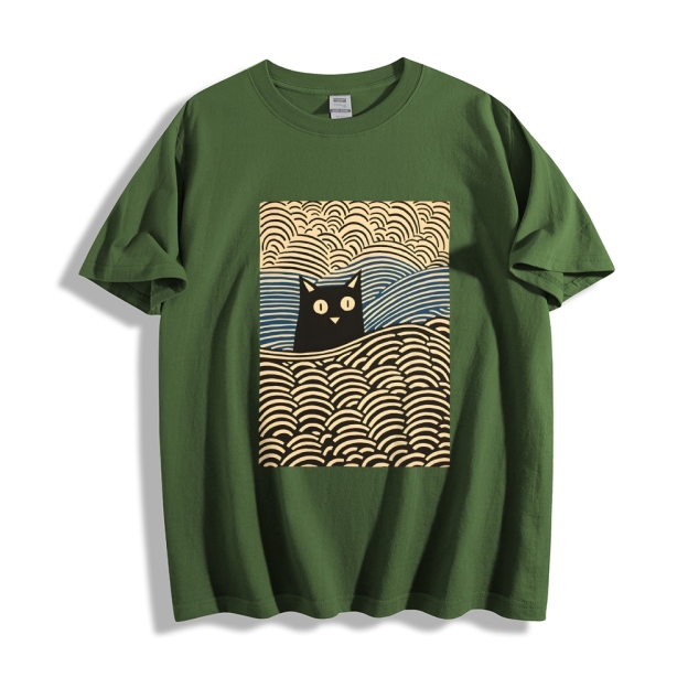 Wave Japanese Cat Art Cotton Casual T-shirt
