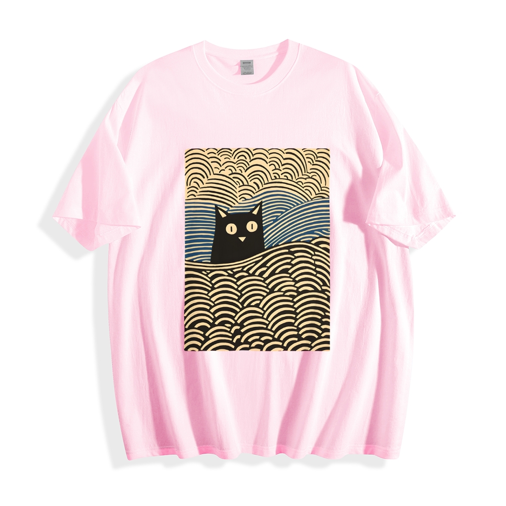 Wave Japanese Cat Art Cotton Casual T-shirt