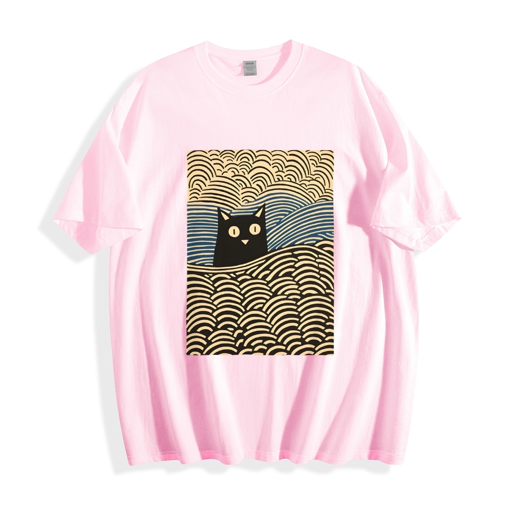 Wave Japanese Cat Art Cotton Casual T-shirt