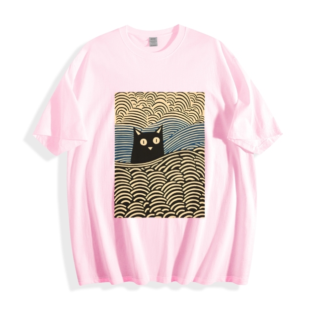 Wave Japanese Cat Art Cotton Casual T-shirt