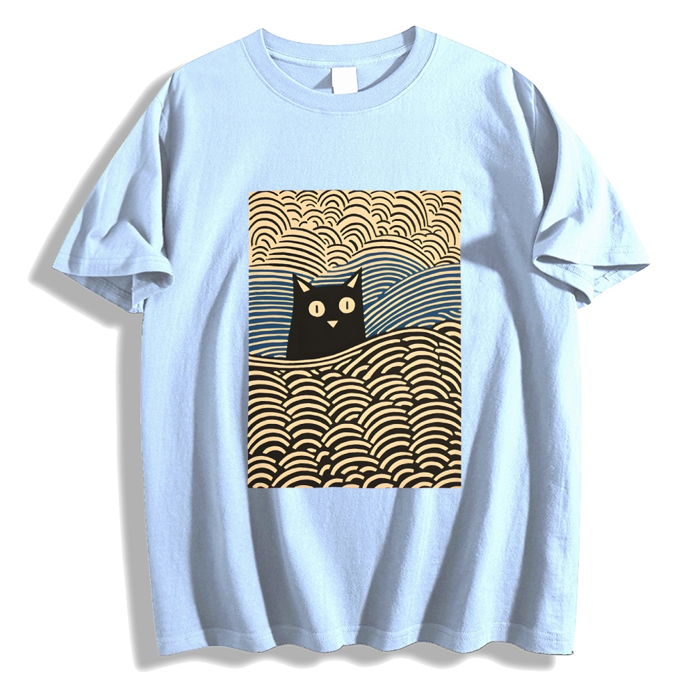 Wave Japanese Cat Art Cotton Casual T-shirt