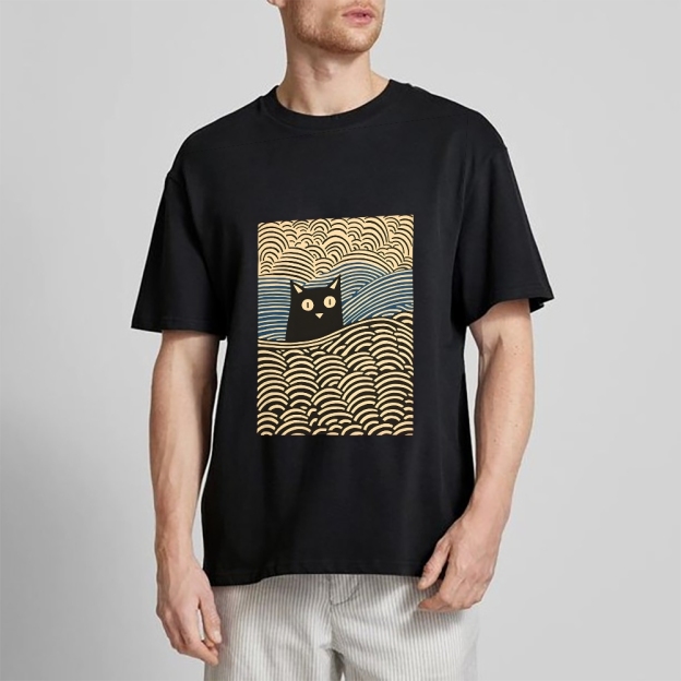 Wave Japanese Cat Art Cotton Casual T-shirt