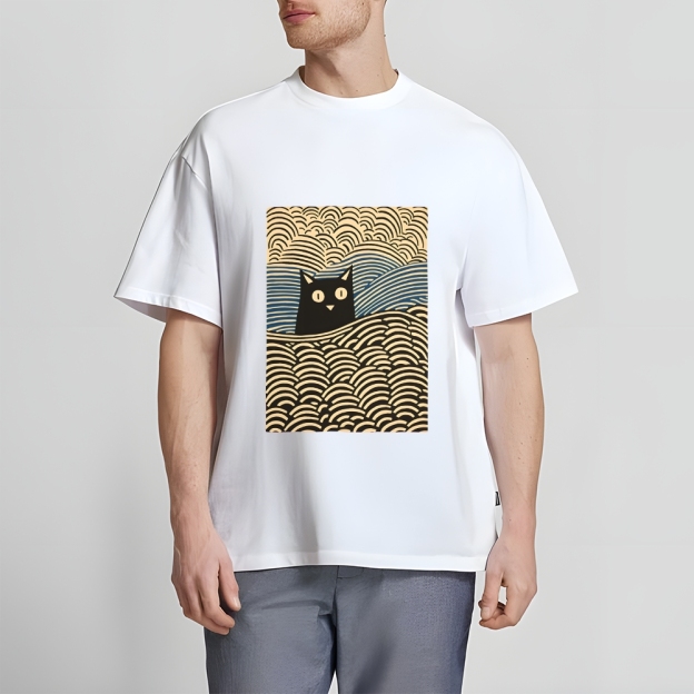 Wave Japanese Cat Art Cotton Casual T-shirt