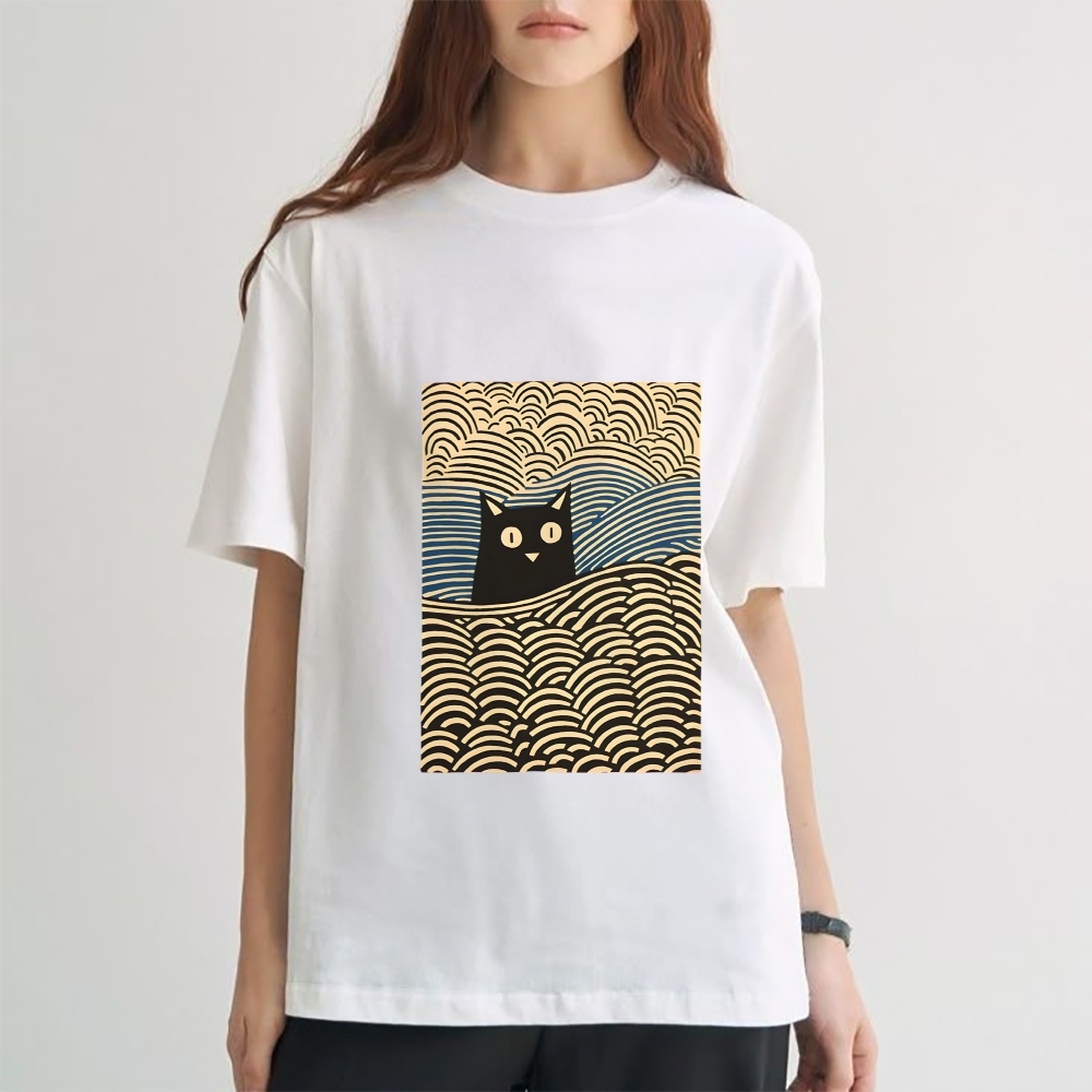 Wave Japanese Cat Art Cotton Casual T-shirt